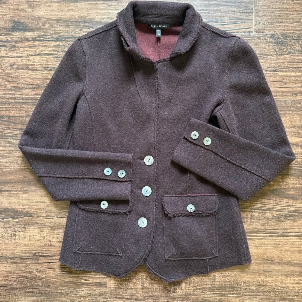 Eileen Fisher XS Merino Wool Raw Edge Jacket Burgundy Shell Buttons Wool Style